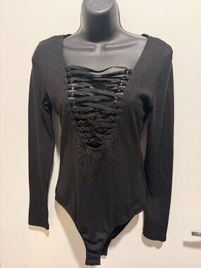 Charlotte Russe Black Ribbed Lace‑Up Bodysuit • Size M